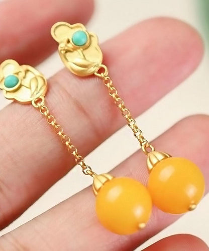 Yellow Sterling Silver Overgild Beeswax Turquoise Drop Earrings