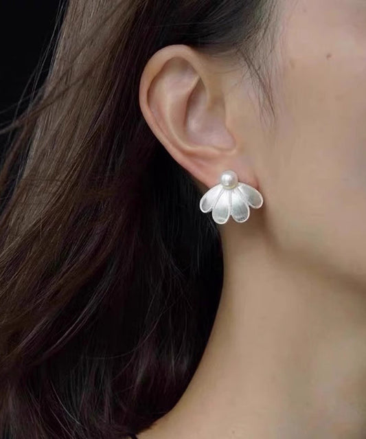 Style White Silver Sterling Pearl Petal Stud Earrings