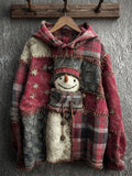 Comstylish Vintage Snowman Plaid Colorblock Patchwork Hoodie