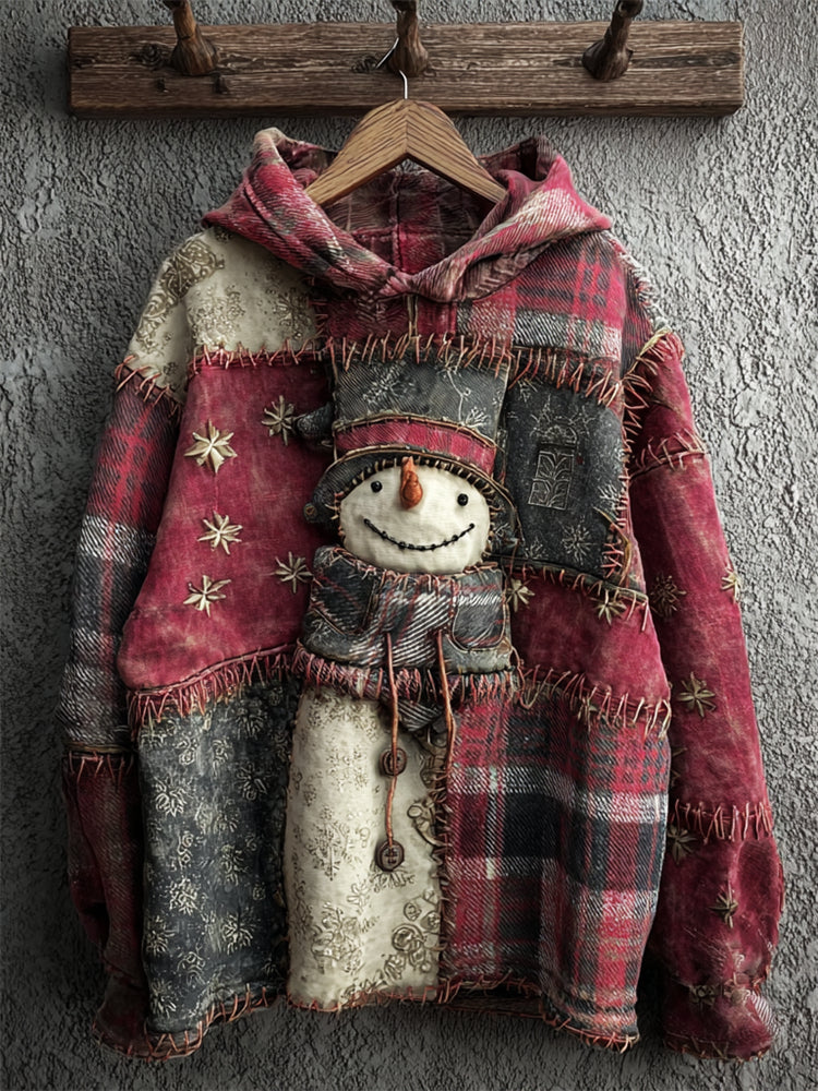 Comstylish Vintage Snowman Plaid Colorblock Patchwork Hoodie