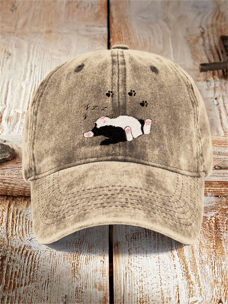 Sleeping Cat Embroidery Washed Hat elevenforest