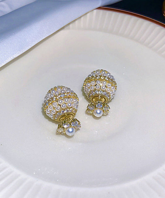 Gold Copper Overgild Zircon Pearl Ball Stud Earrings