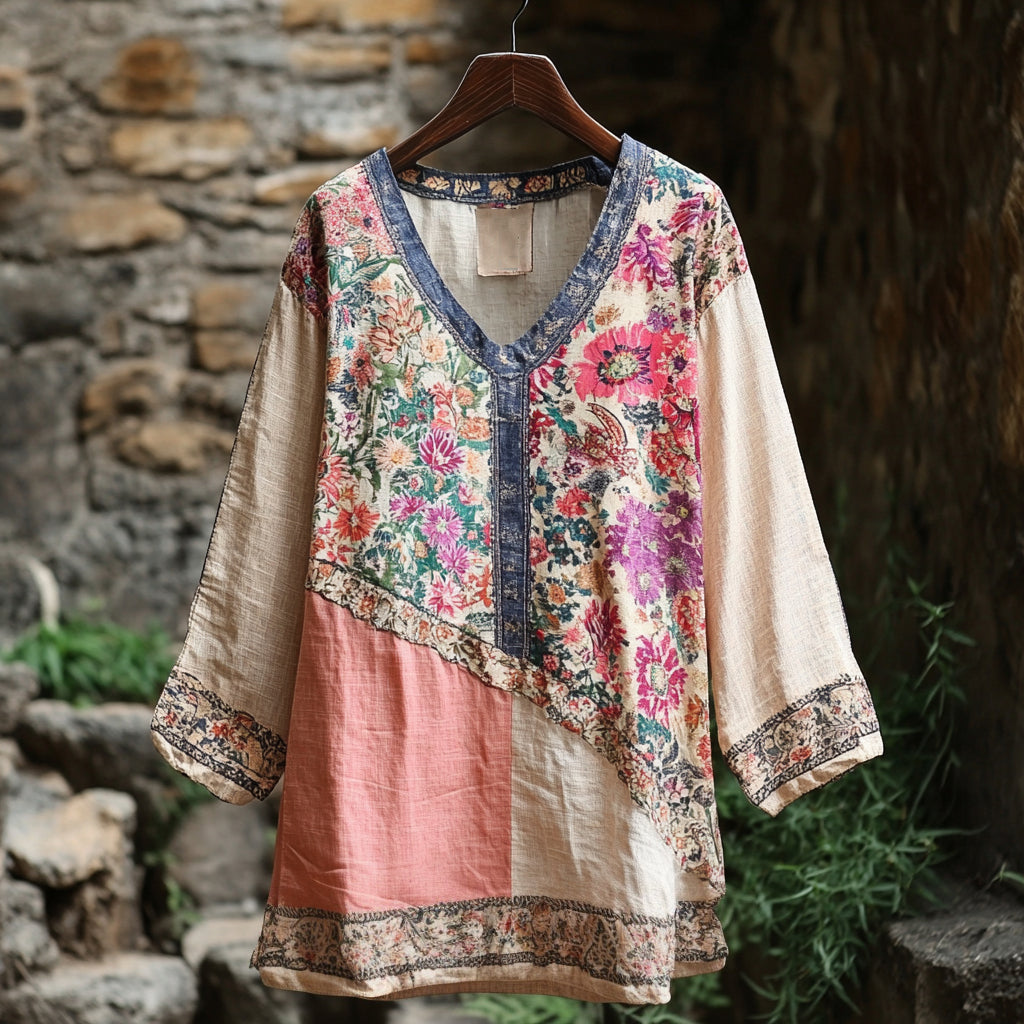 Women's Retro Tribal Floral Stitching Cotton And Linen Long Sleeve Shirt artswardrobe