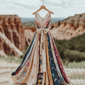 Women's Vintage Floral Patchwork Art Linen Tank Midi Dress artswardrobe