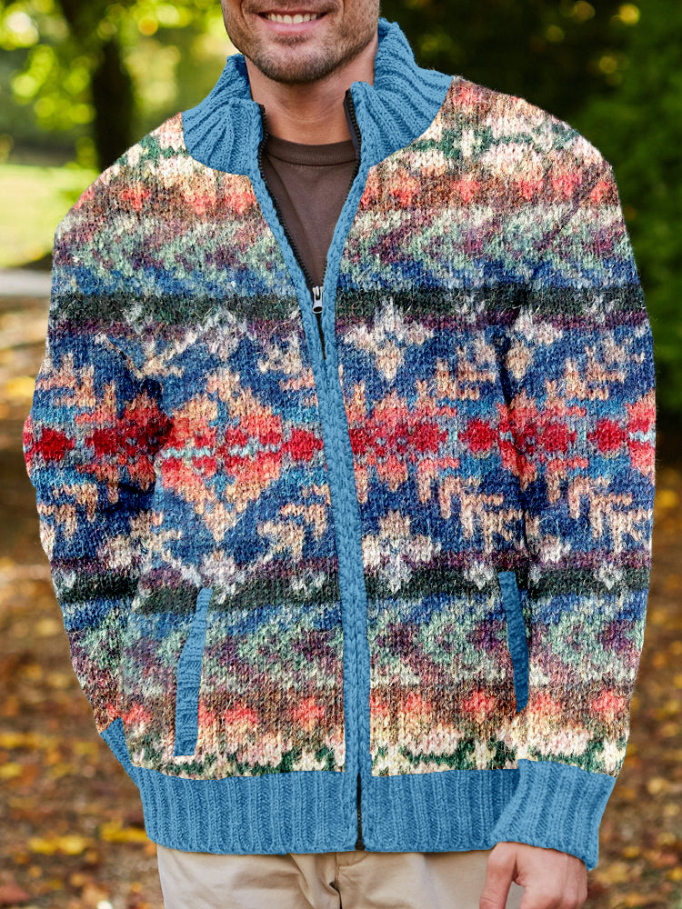 Men's Vintage Knitted Pattern Cozy Full Zip Cardigan artswardrobe