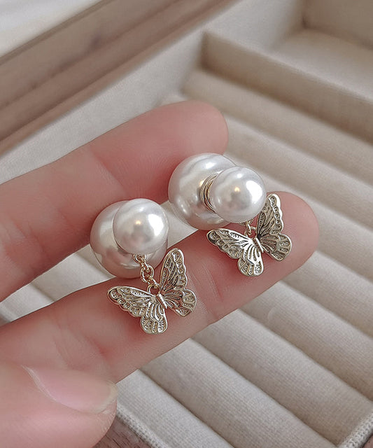 White Copper Butterfly Pearl Stud Earrings