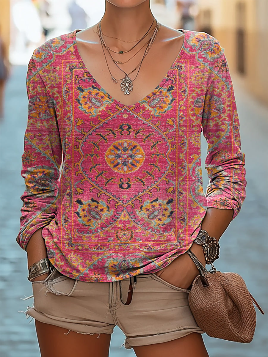 Women's Vintage Bohemian Flowers Pattern Collage Print Casual V-neck L