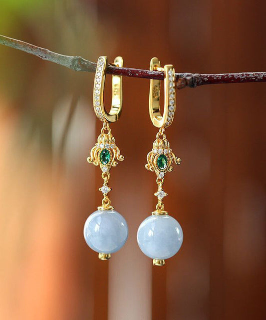 Boutique Gold Sterling Silver Overgild Inlaid Zircon Jade Crystaldrop Earrings