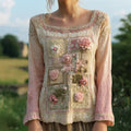 Boho Vintage Floral Lace Patchwork Art Women's Linen Long Sleeve Shirt artswardrobe