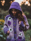 Women's Flowers Embroidery Gradient Color Cozy Knit Hooded Cardigan artswardrobe