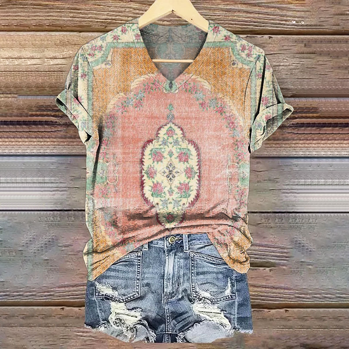 Women's Ethnic T-shirt with Art Print V-Neck