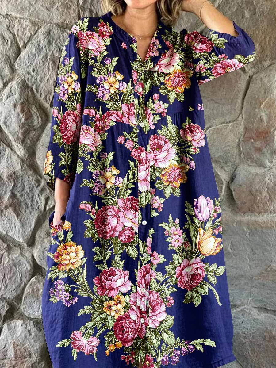 Women's Elegant Vintage Floral Print Shirt Style Cotton and Linen Dres