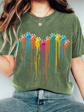 Colorful Paws Heart Print Casual Cotton T-Shirt elevenforest