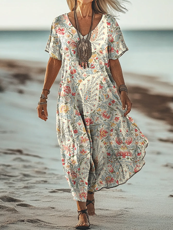 Women's Retro Paisley Floral Art Print Pocket Cotton Dress