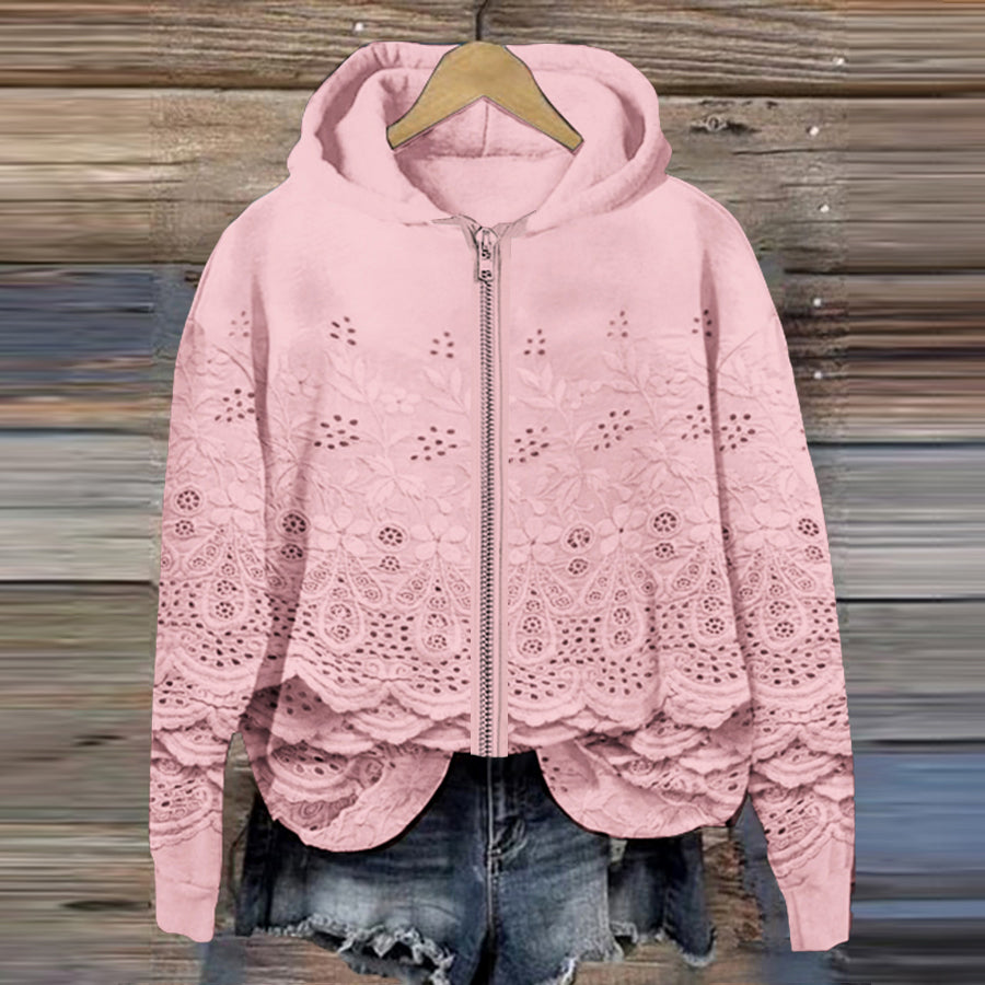 Comstylish Vintage Floral Embroidered Lace Art Full Zip Hoodie
