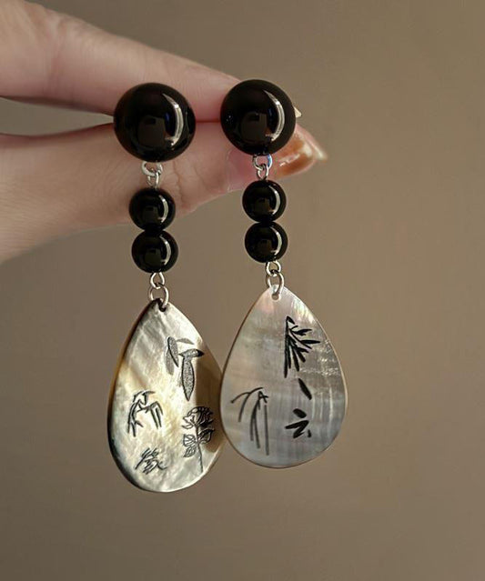 Black Acrylic Alloy Print Shell Water Drop Drop Earrings