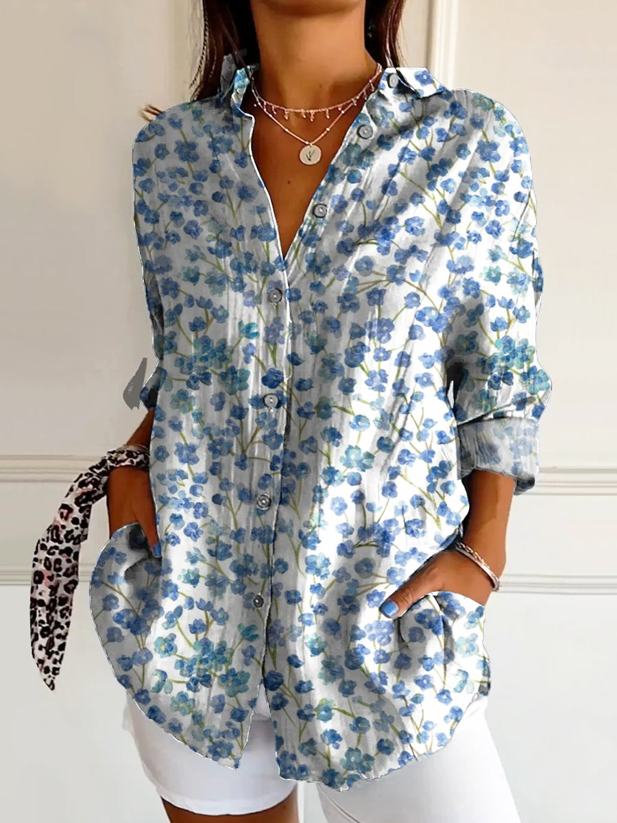 Women's Vintage Floral Art Print Casual Cotton Shirt
