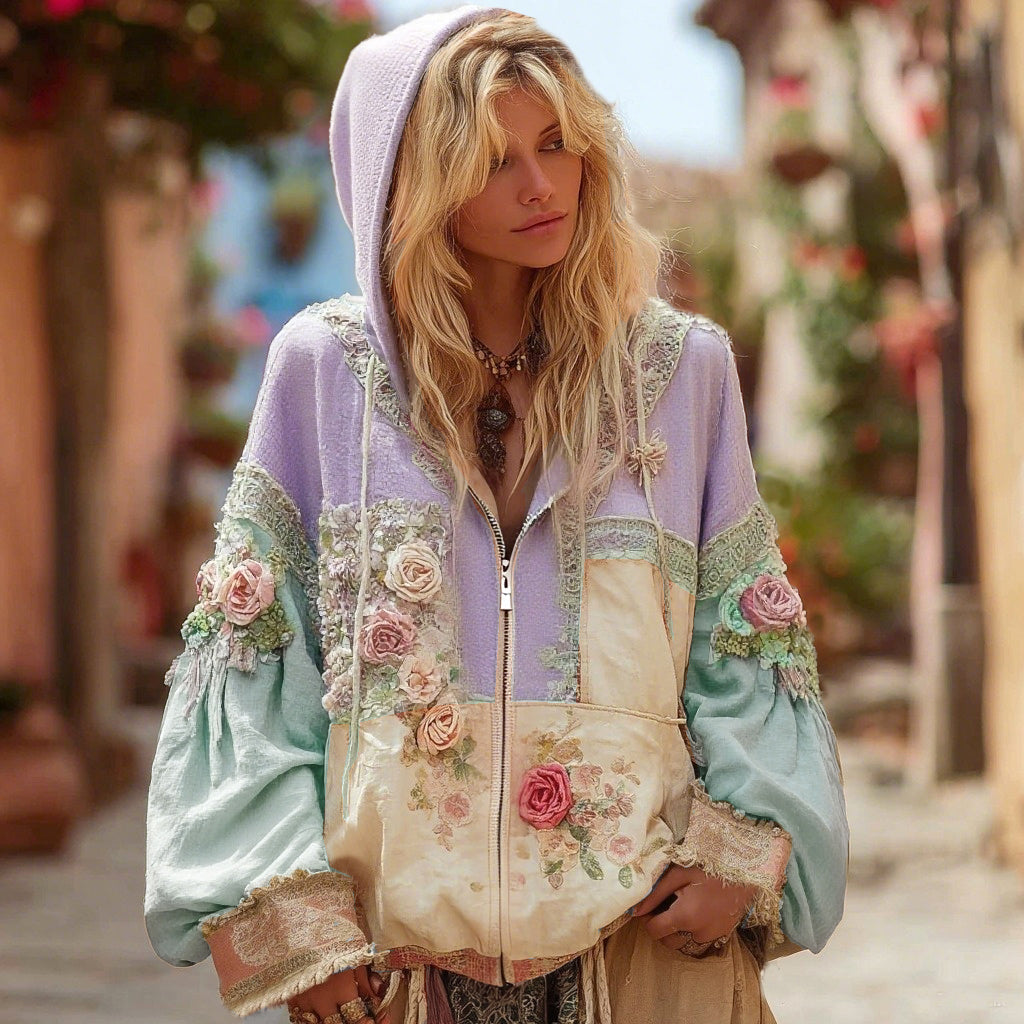 Comstylish Women's Floral Embroidery Color Block Boho Casual Zip-up Hoodie