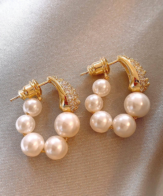 Gold Copper Alloy Zircon Pearl Hoop Earrings