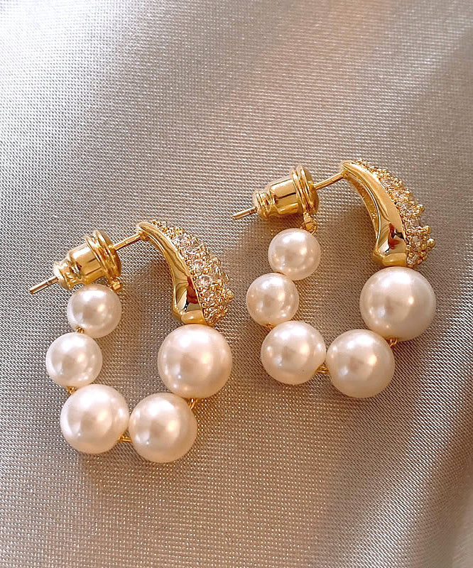 Gold Copper Alloy Zircon Pearl Hoop Earrings