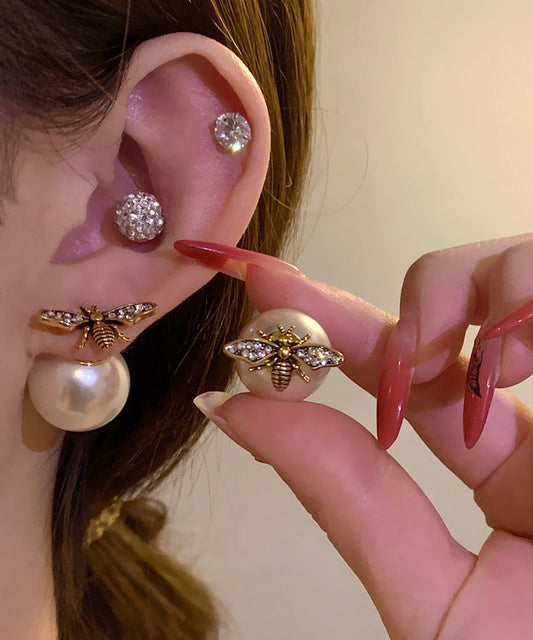 Gold Sterling Silver Copper Overgild Pearl Bee Stud Earrings