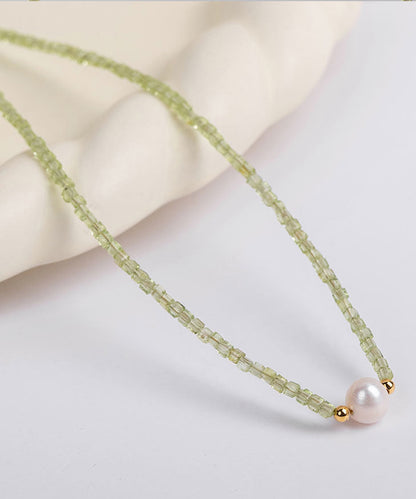 Simple Green 14k Gold Pearl Gem Stone Graduated Bead Necklace