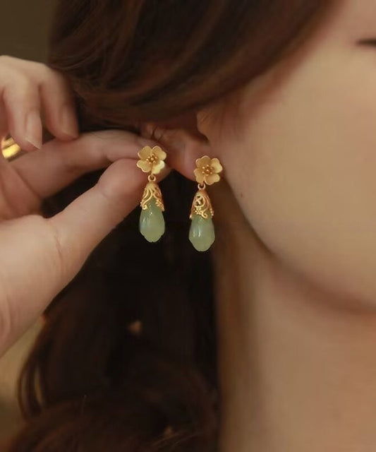 Chinese Style Gold Copper Alloy Jade Water Droplet Drop Earrings