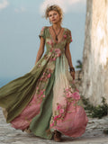 Vintage Pink Roses Gradient Patchwork Flowy Linen Maxi Dress artswardrobe
