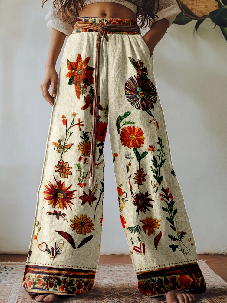 Vintage Floral Embroidered Linen Blend Comfy Pants artswardrobe