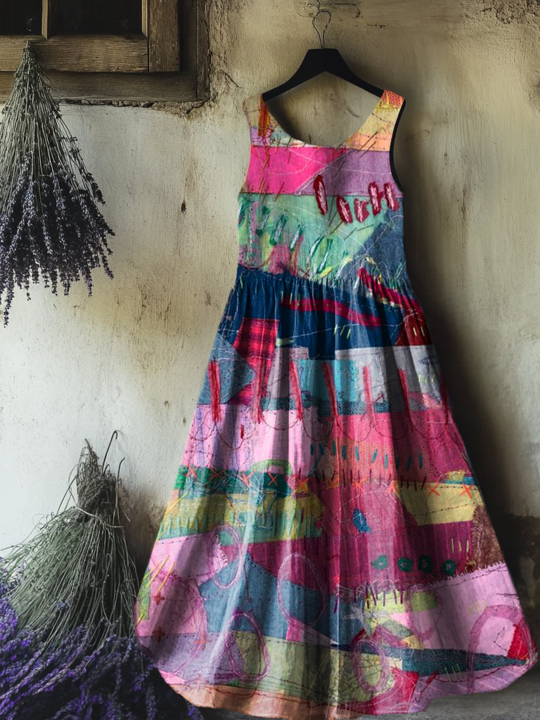 Women's Colorful Patchwork Pattern Art Print Round Neck Sleeveless Cot