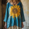 Comstylish Boho Sunflower Embroidered Flowy Linen Tunic