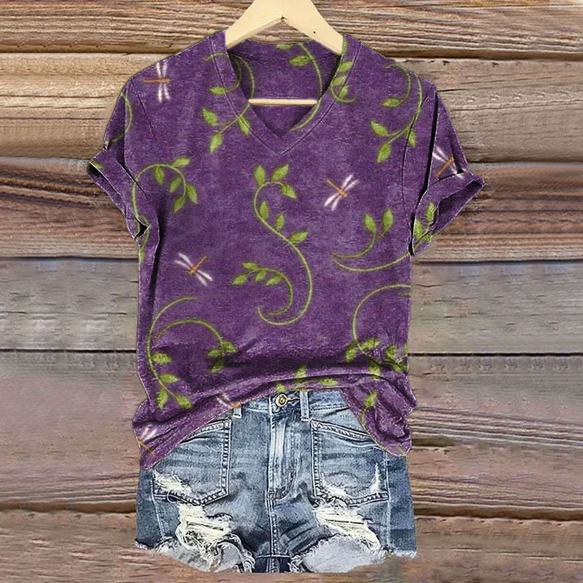 Women's Vintage Floral Dragonfly Art Print V-neck Casual T-Shirt