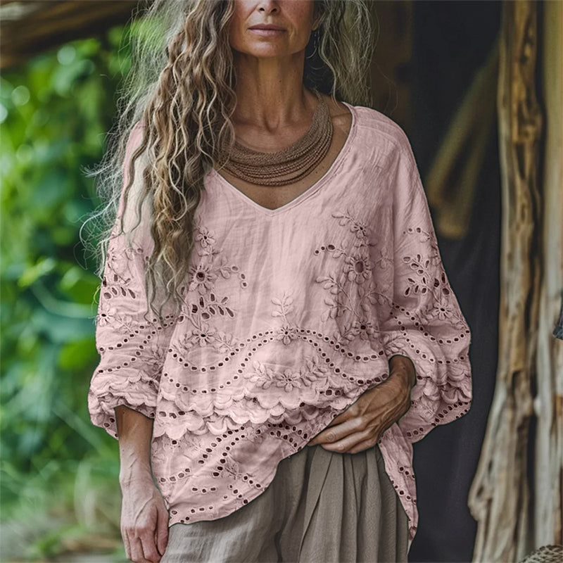 Comstylish Cottage Floral Embroidered Lace Flowy Linen Tunic
