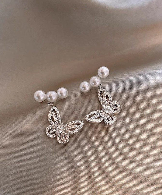 Fine Silk Copper Alloy Zircon Butterfly Pearl Drop Earrings