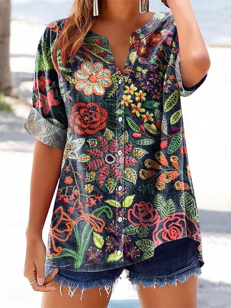 Women's Floral Pattern Art Print Cotton Linen Casual Shirt