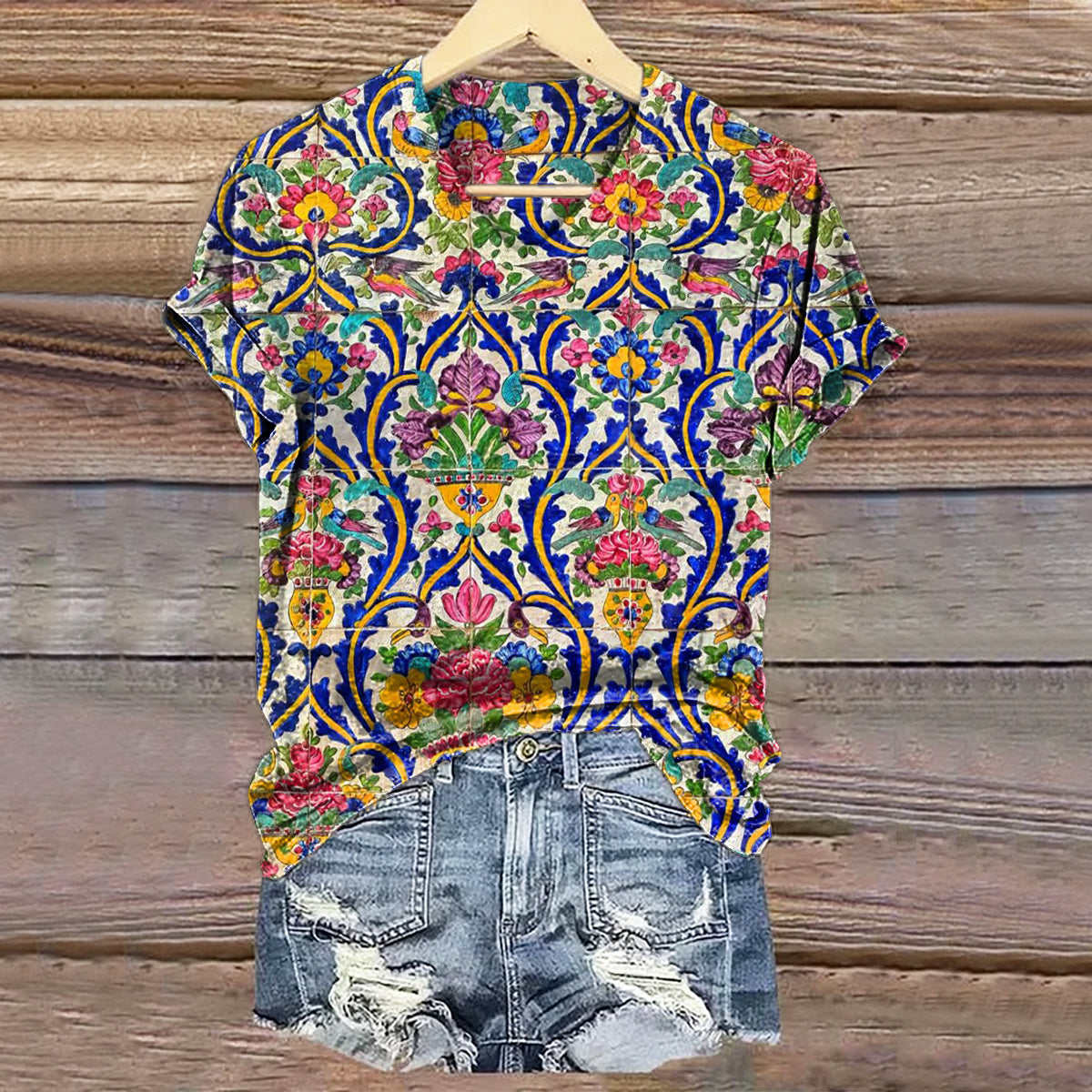 Women's Vintage Ethnic Floral Art Print V-neck Casual T-Shirt