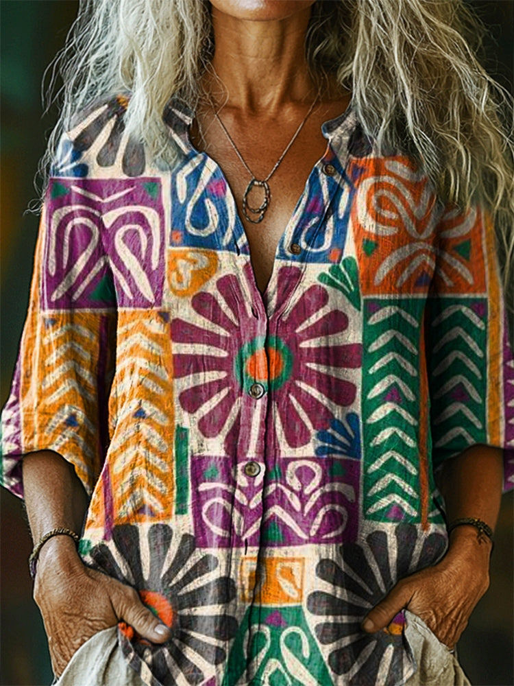 Women's Boho Tattoo Pattern Art Print Casual Cotton Linen Shirt