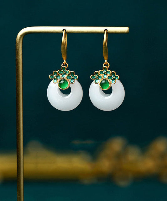 Green Overgild Inlaid Jade Safety Buckle Drop Earrings