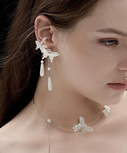 White Sterling Silver Pearl Butterfly Water Drop Drop Earrings