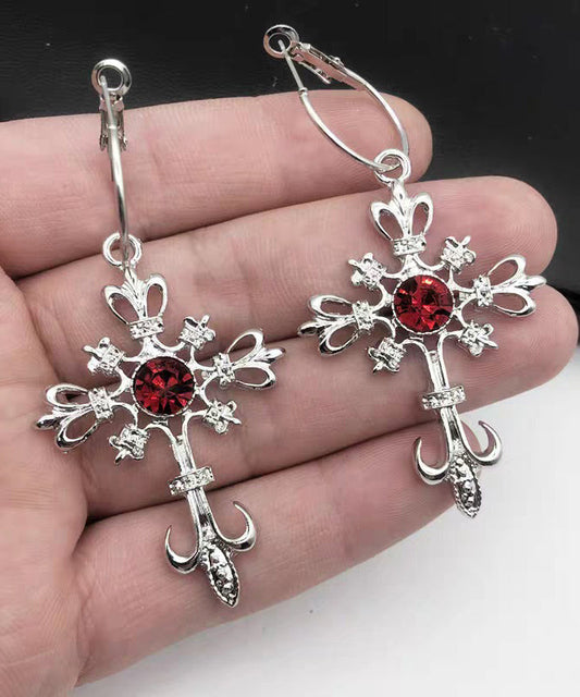 Boutique Red Alloy Crystal Cross Hollow Out Drop Earrings