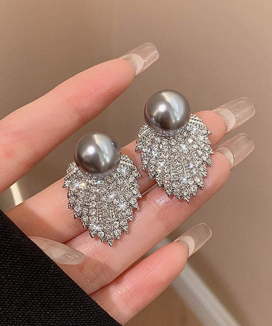 Stylish Grey Sterling Silver Alloy Pearl Zircon Stud Earrings