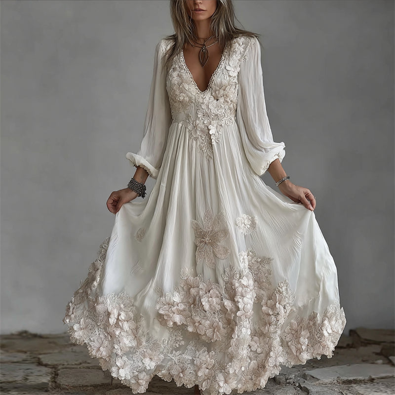 Boho Floral Glitter Lace Fiber Art Linen Maxi Dress elevenforest