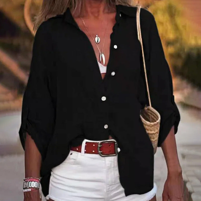 Comstylish Women's Casual Linen Solid-colored Print Shirt