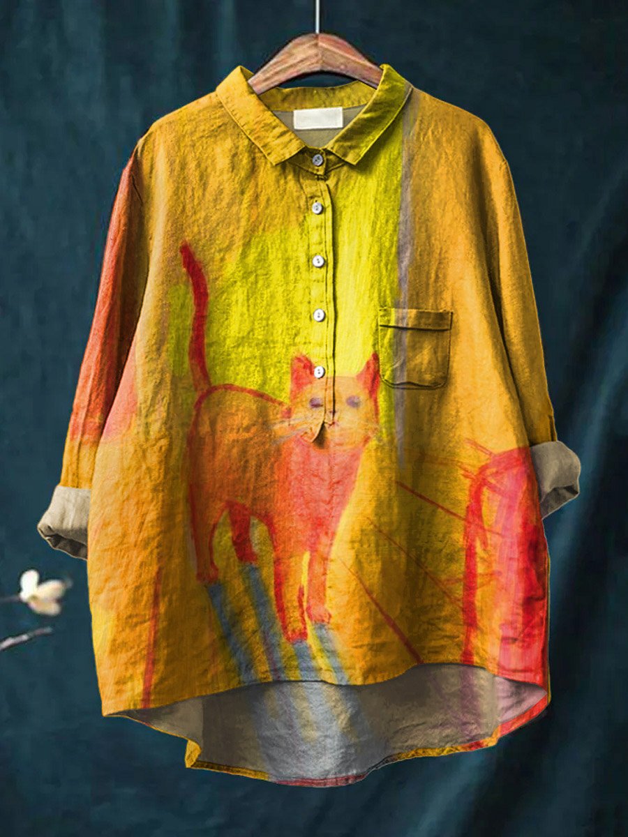 Vintage Funny Cat Art Print Casual Cotton And Linen Shirt