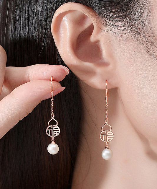 Rose Gold Sterling Silver Pearl Gourd Drop Earrings