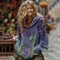 Comstylish Vintage Green And Purple Rose Art Linen Hoodie