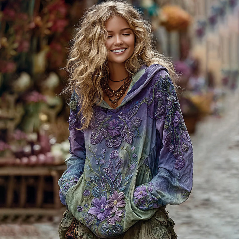 Comstylish Vintage Green And Purple Rose Art Linen Hoodie
