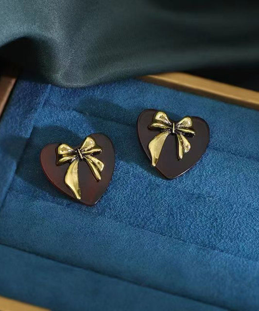 New Brown Sterling Silver Inlaid Love Acrylic Bow Stud Earrings
