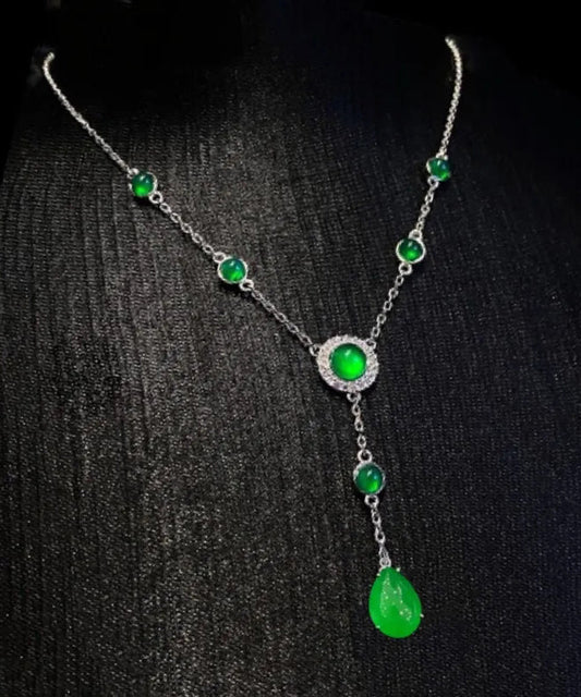 New Green Sterling Silver Overgild Zircon Jade Tassel Pendant Necklace Ac1033