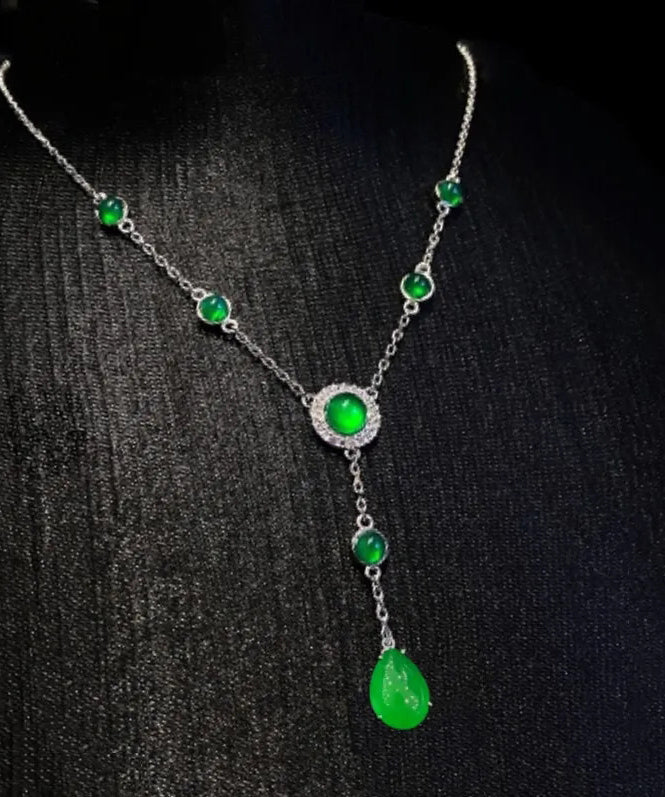 New Green Sterling Silver Overgild Zircon Jade Tassel Pendant Necklace Ac1033